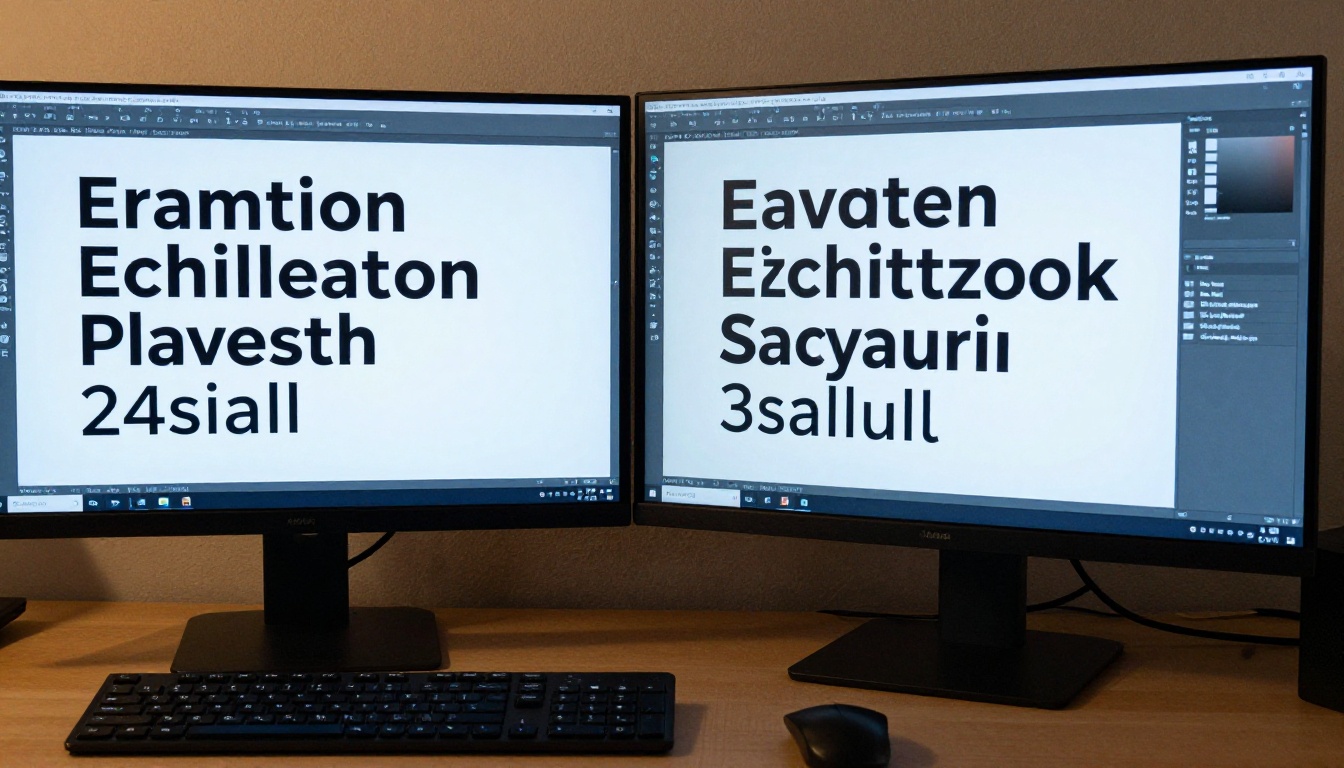Designer's dual monitors side by side: left showing a clean two-font flipbook layout, right showing the same page with five mismatched fonts looking chaotic and cluttered