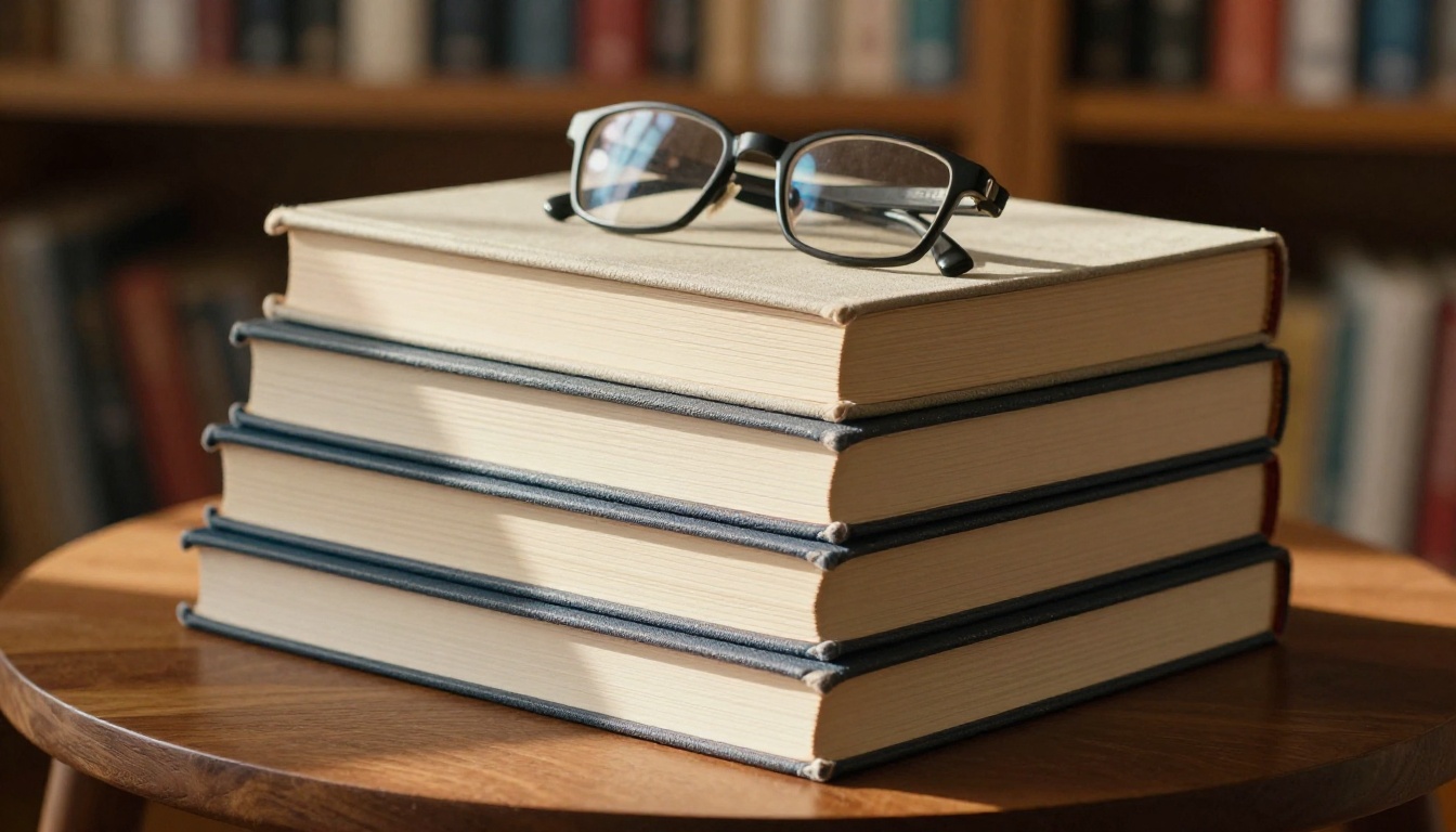 Stack of five premium typography and design books with linen cloth covers on a walnut side table, reading glasses resting on top, warm afternoon light raking from the right Stack of five premium typography and design books with linen cloth covers on a walnut side table, reading glasses resting on top, warm afternoon light raking from the right
