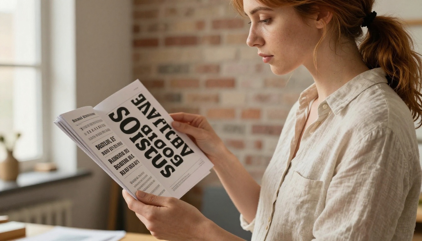Female designer holding a printed brand typography style guide open with both hands in a bright studio, examining the font hierarchy page Female designer holding a printed brand typography style guide open with both hands in a bright studio, examining the font hierarchy page