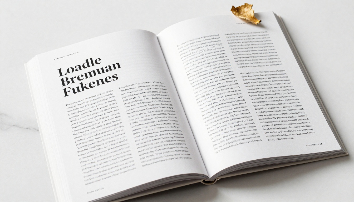 Open premium flipbook catalog on white marble surface showing an elegant serif chapter title on the left page and clean readable sans-serif paragraphs on the right page