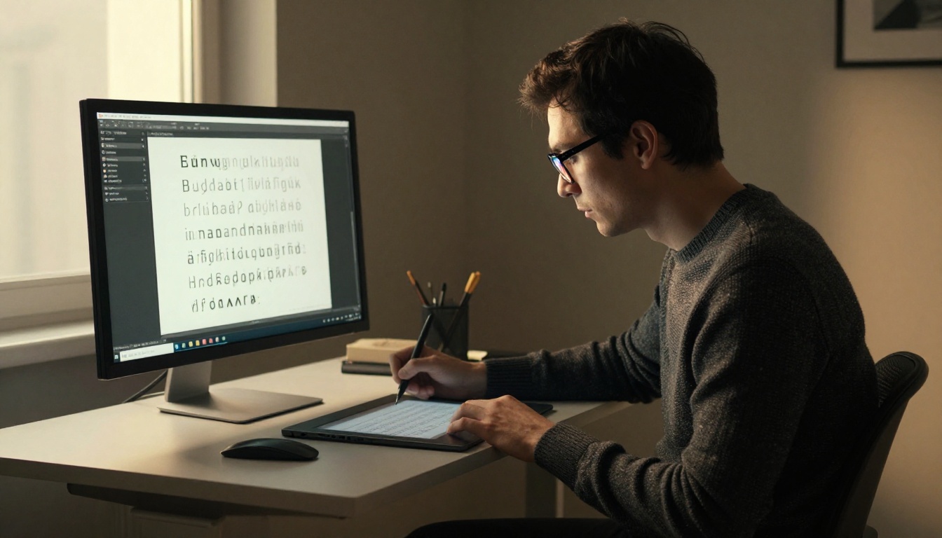 Male creative professional using a drawing tablet to adjust letterform spacing in a flipbook layout on an ultrawide monitor, dramatic window light from the left Male creative professional using a drawing tablet to adjust letterform spacing in a flipbook layout on an ultrawide monitor, dramatic window light from the left