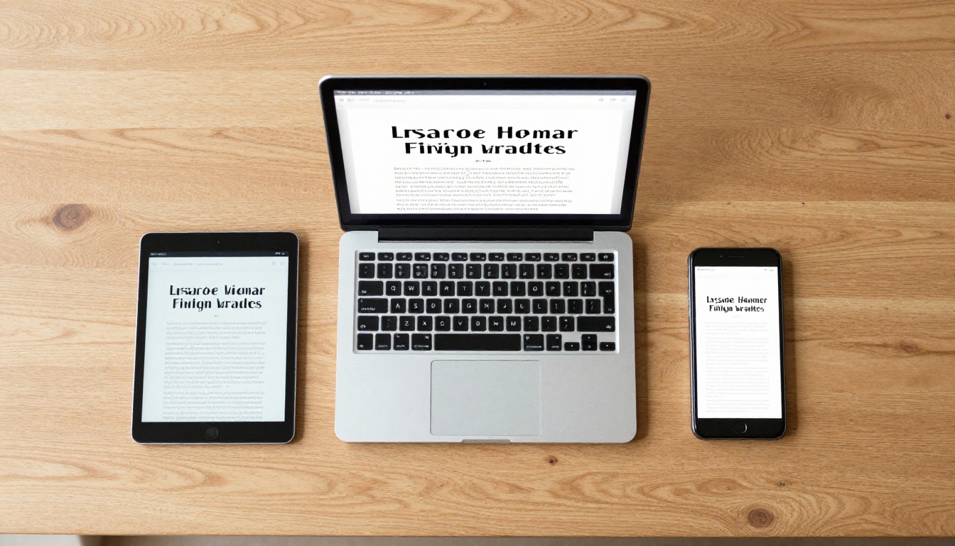 Three digital devices on a light oak table showing the same flipbook layout adapted across laptop, tablet, and smartphone with consistent clean two-font typography Three digital devices on a light oak table showing the same flipbook layout adapted across laptop, tablet, and smartphone with consistent clean two-font typography
