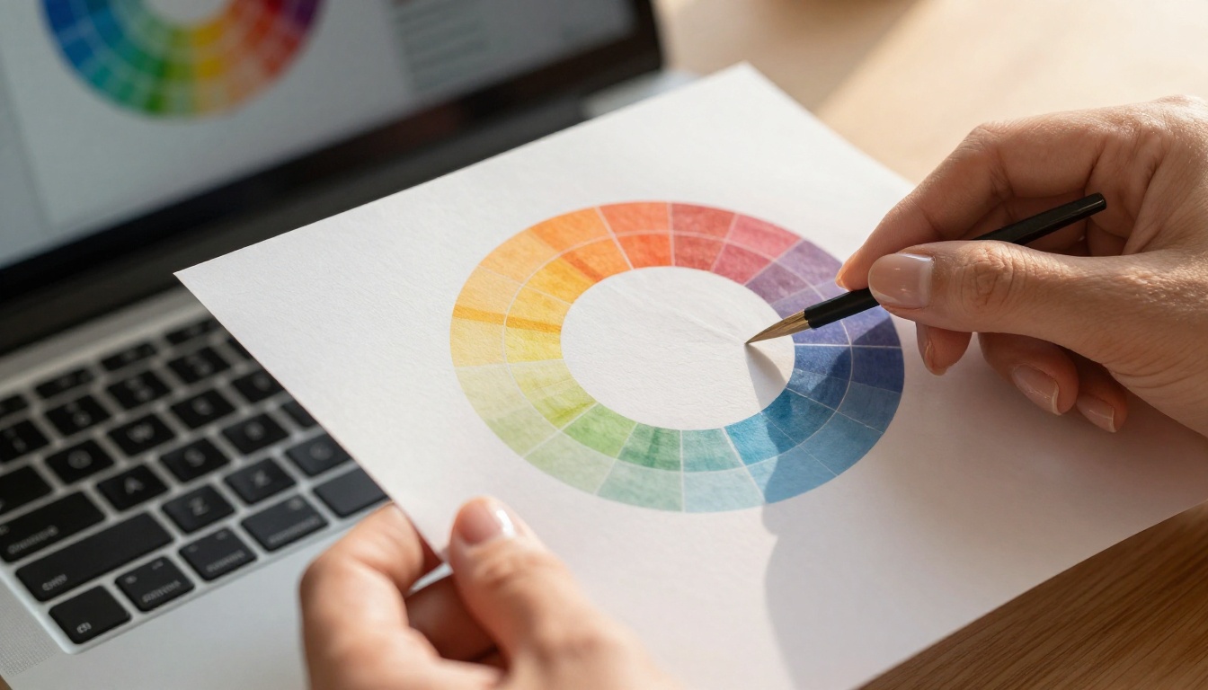 Color wheel held against a screen showing a digital magazine spread