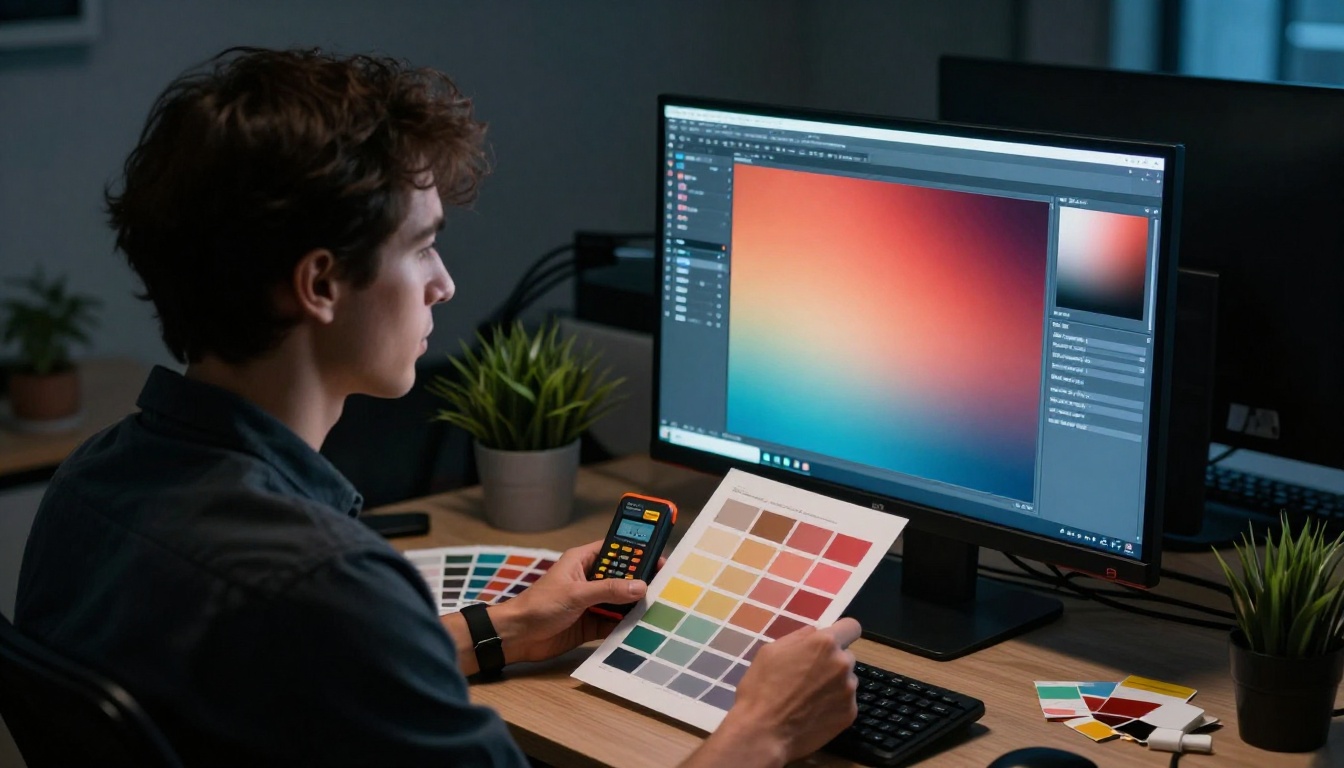 Professional graphic designer at a 32-inch calibrated monitor holding a color calibration device
