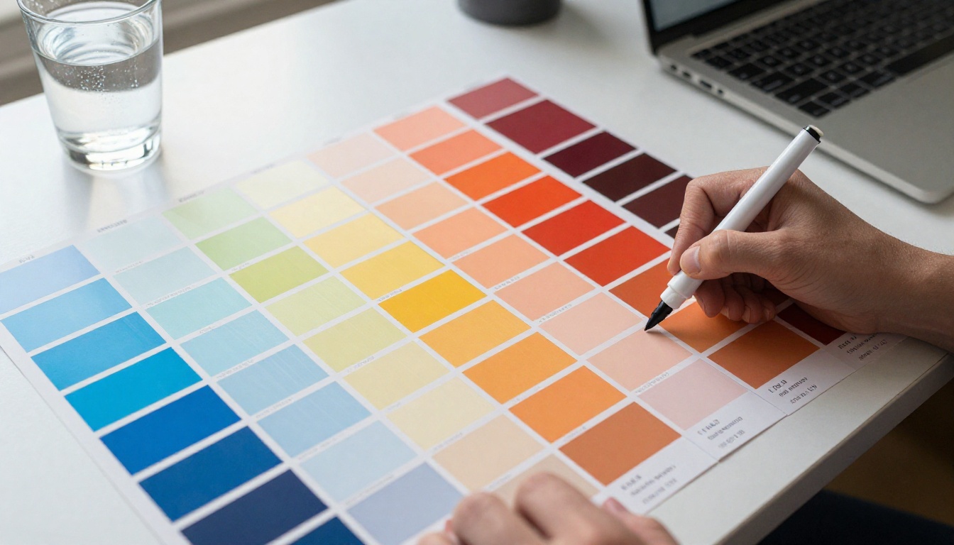 Overhead flat-lay of dozens of color swatch cards arranged on a light table with a designer's hands annotating hex codes