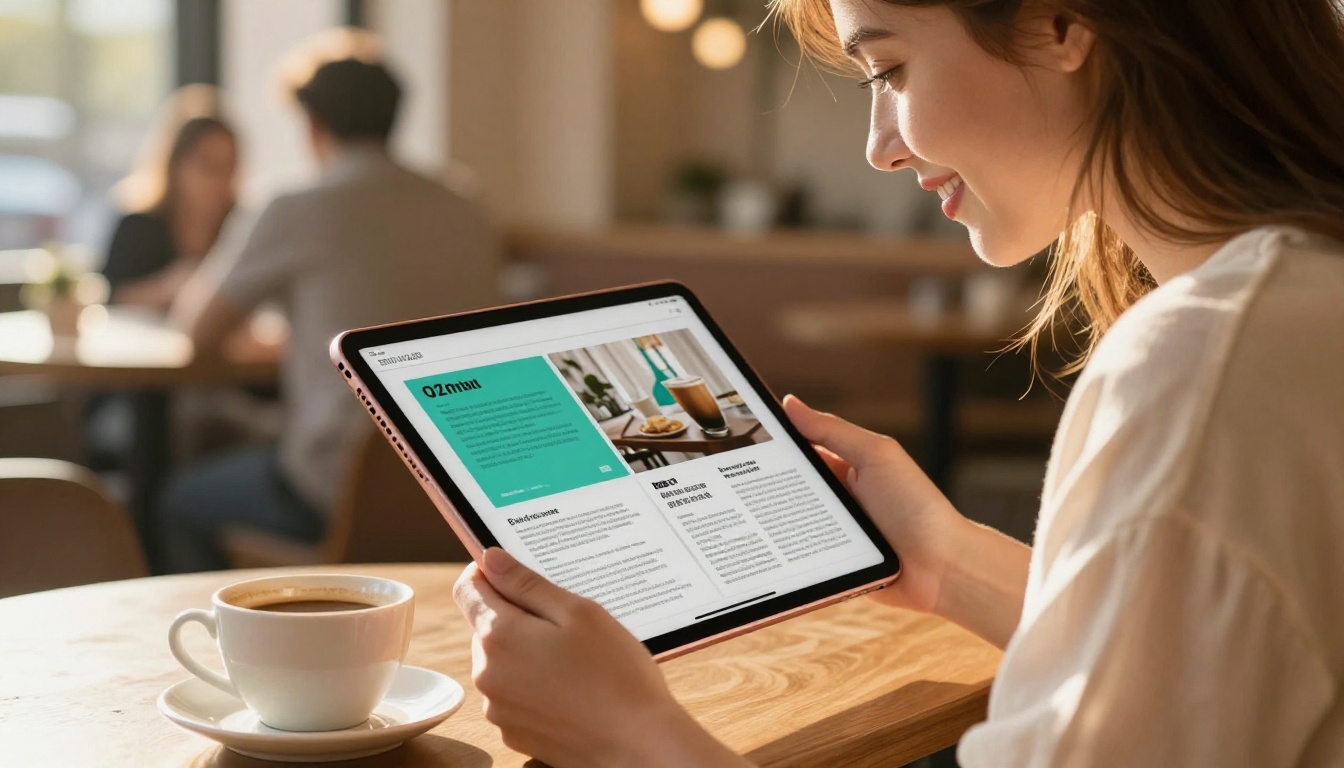 Young woman reading a digital flipbook magazine on an iPad in a sun-drenched cafe with warm afternoon light