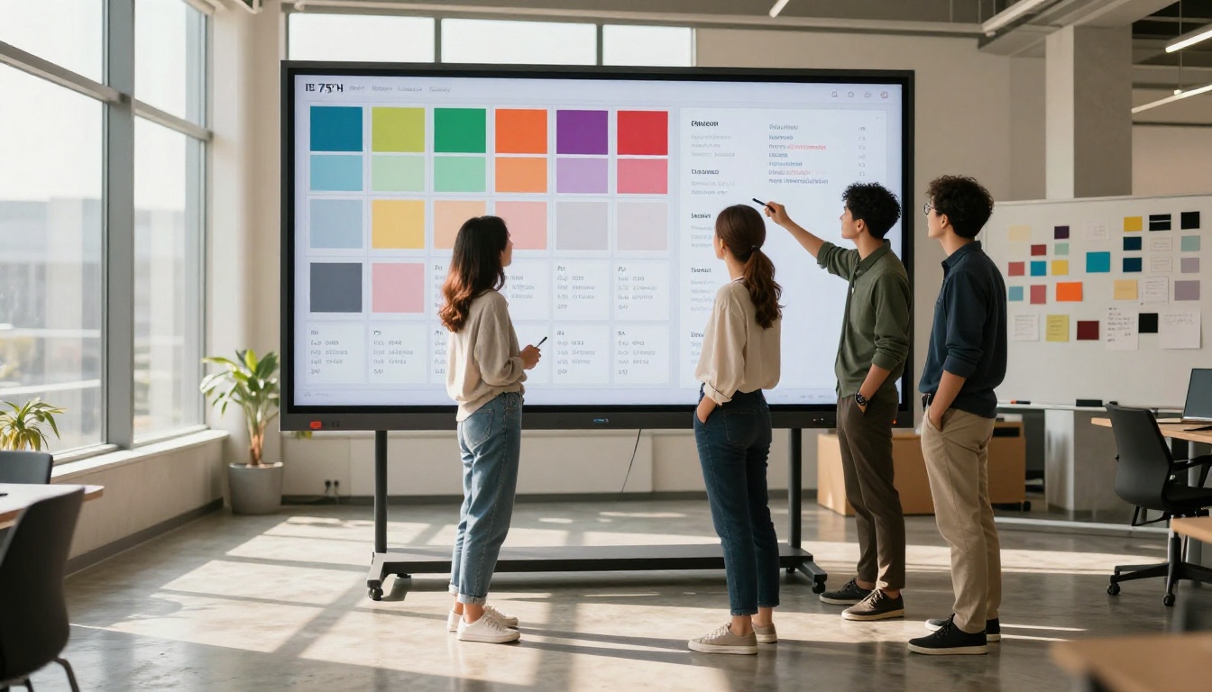Creative team reviewing a brand color palette on a large wall-mounted display in a modern office