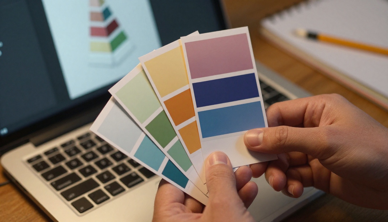 Designer's hands holding Pantone color swatch strips against a laptop screen to compare print versus digital colors
