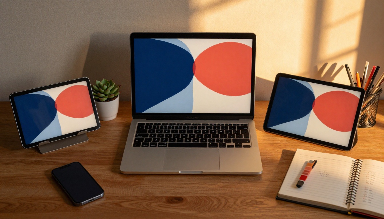 Organized home studio desk showing a laptop, tablet, and phone all displaying consistent navy, coral, and cream brand colors