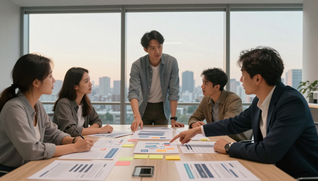 Marketing team reviewing printed landing page layouts and discussing CTA positioning