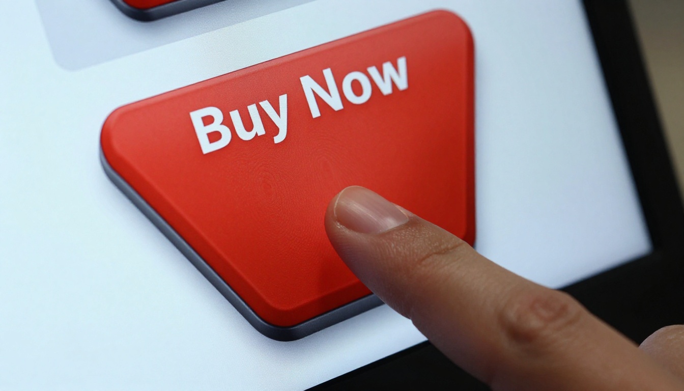 Close-up of a finger pressing a Buy Now button on a product page display