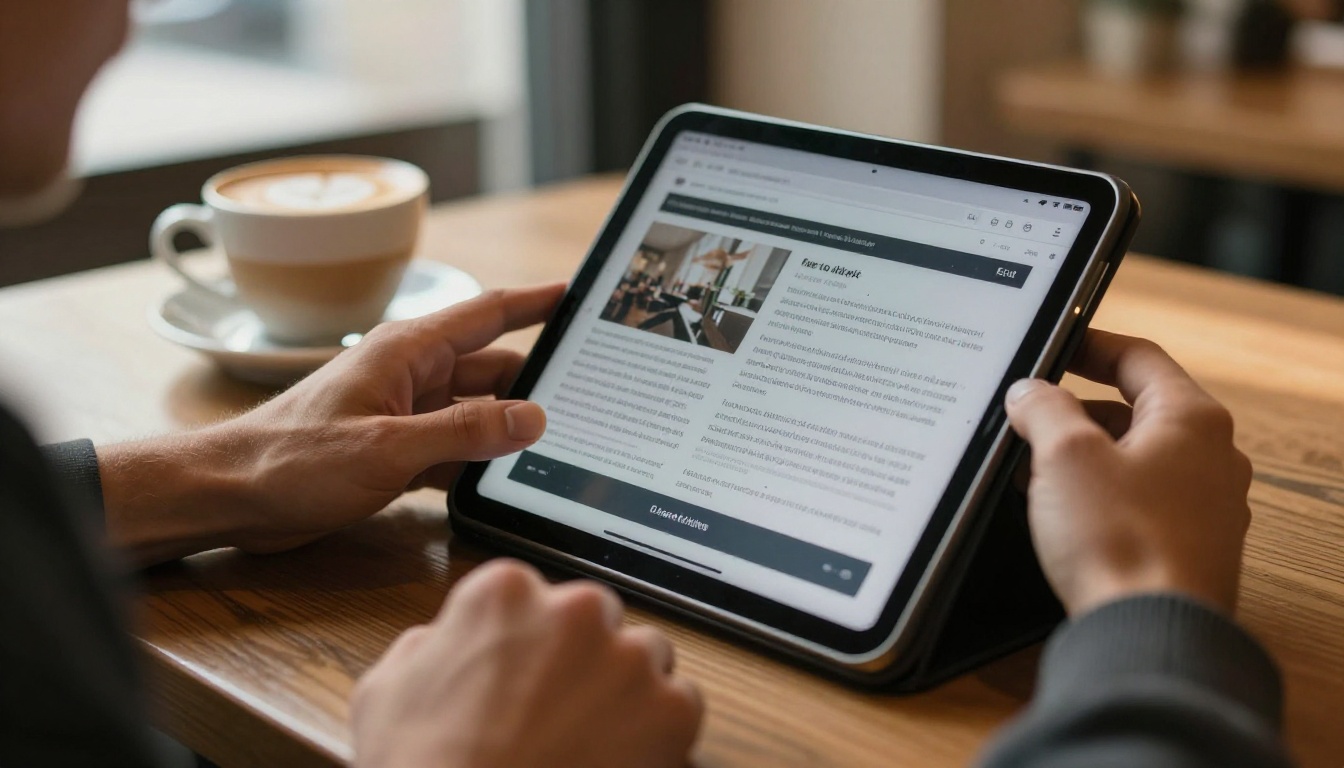 A man scrolls through a long article on a tablet, with a CTA button visible mid-content