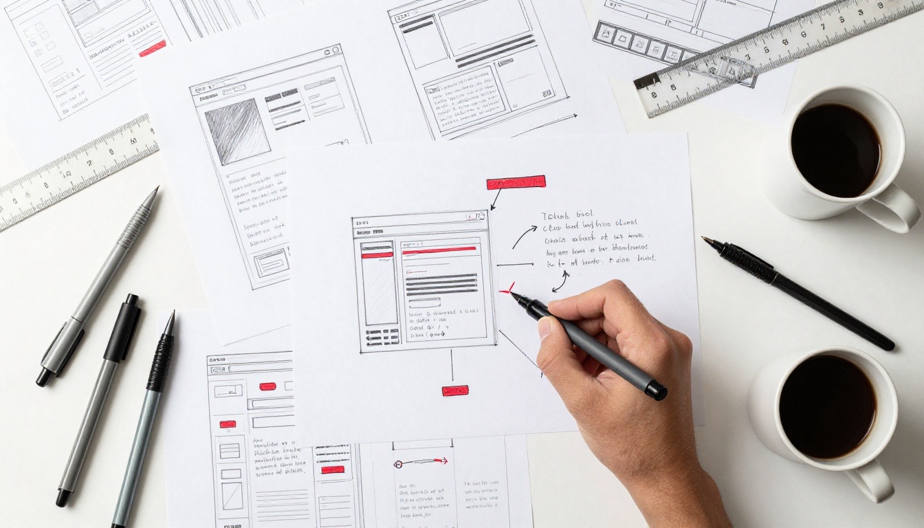 A UX designer's desk covered with wireframe sketches annotating different CTA positions on layouts A UX designer's desk covered with wireframe sketches annotating different CTA positions on layouts