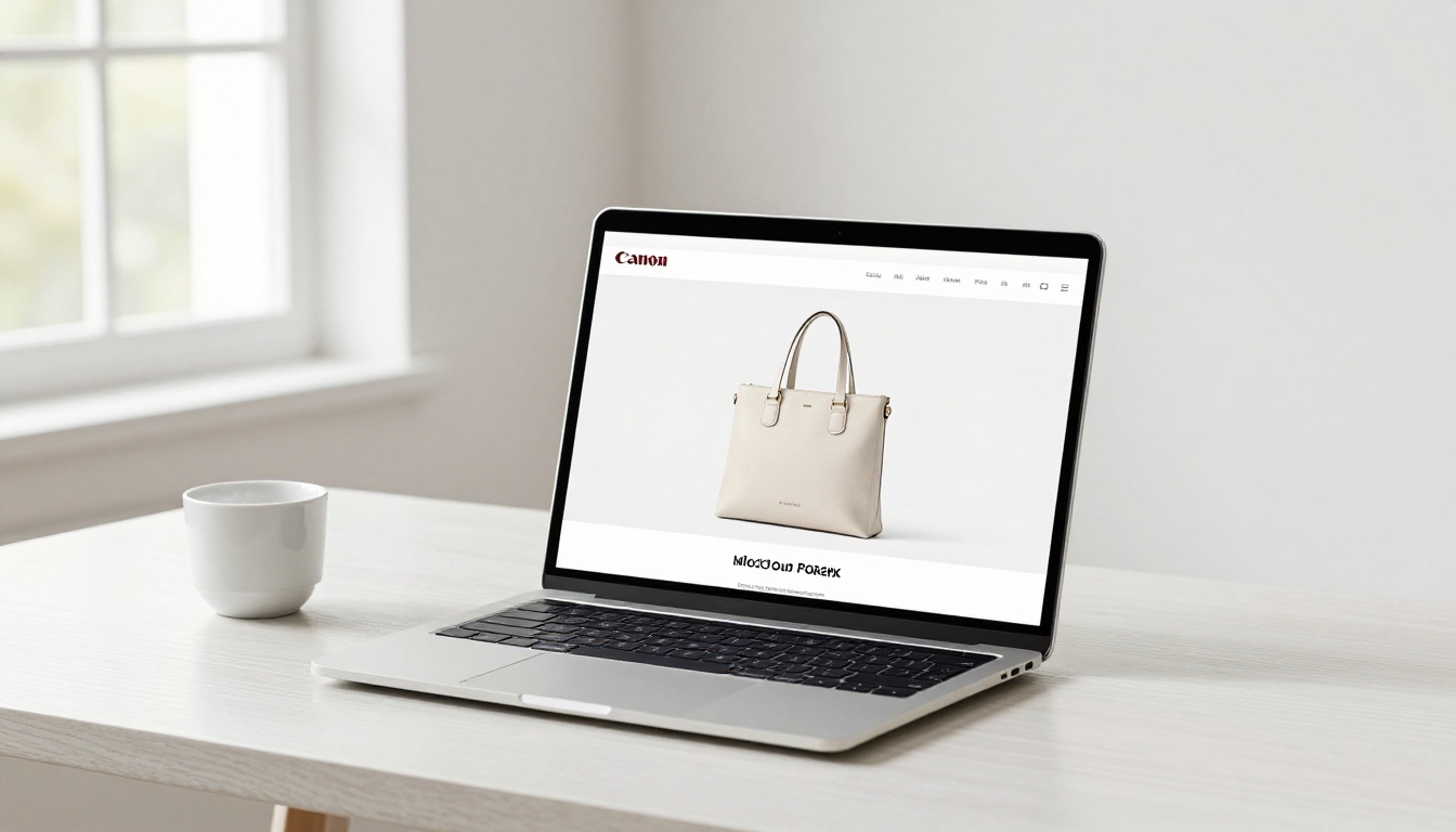 Ecommerce product page on laptop with clean white space layout Ecommerce product page on laptop with clean white space layout