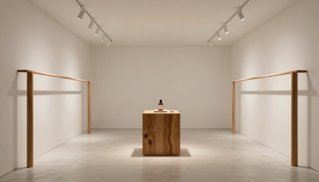 Minimalist luxury retail boutique with single product on display pedestal Minimalist luxury retail boutique with single product on display pedestal