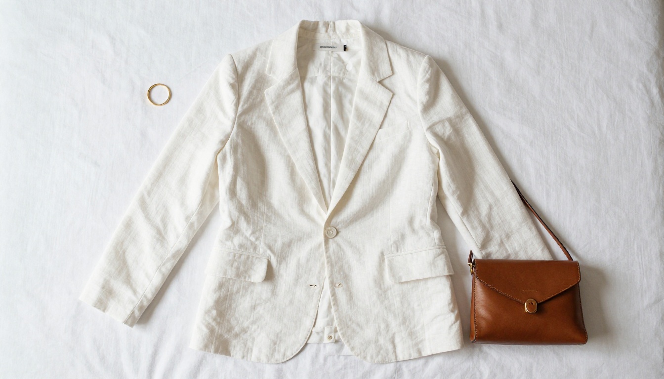Fashion flat lay with generous white space on white fabric surface Fashion flat lay with generous white space on white fabric surface