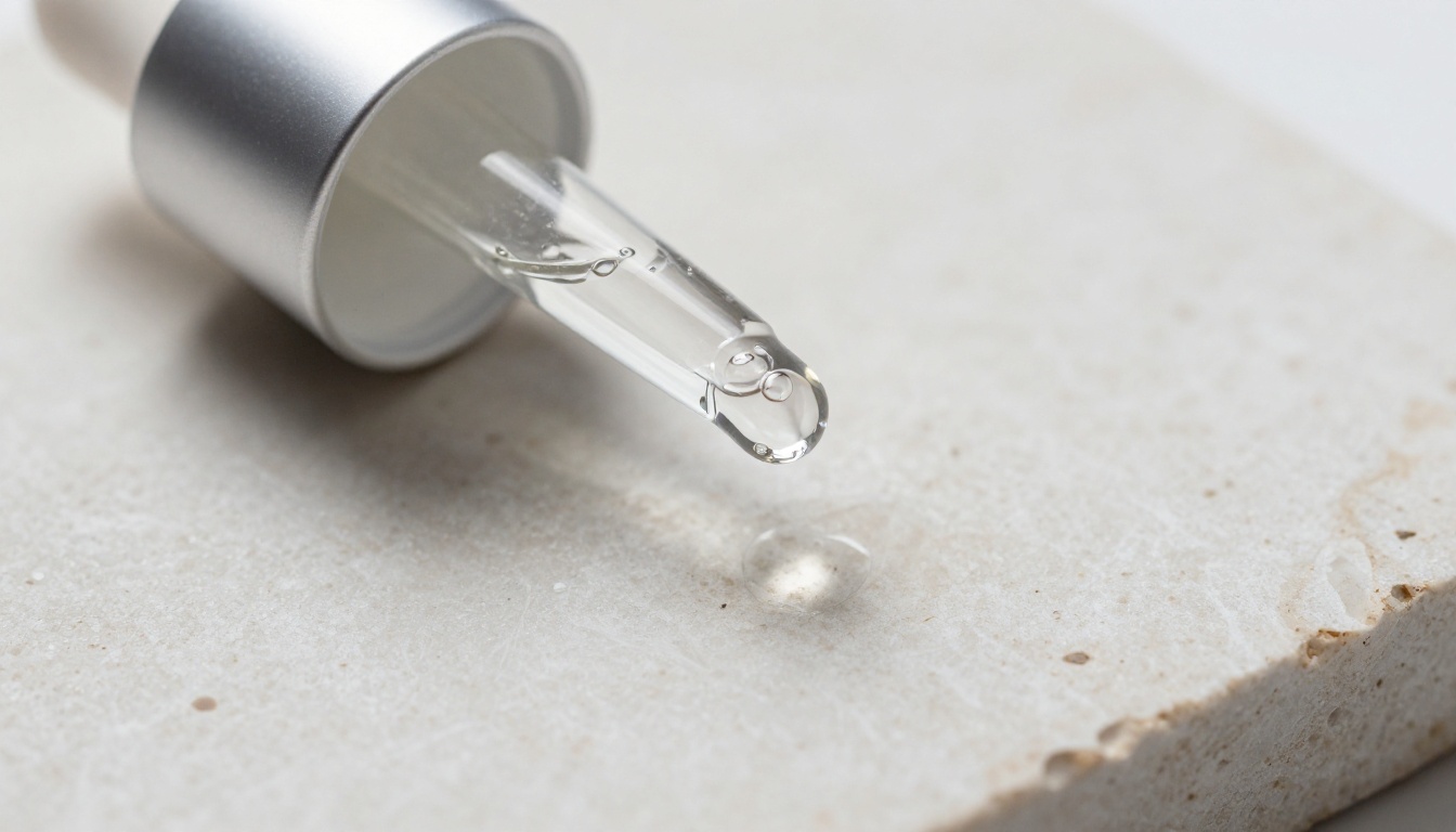 Macro close-up of skincare serum bottle on white alabaster surface Macro close-up of skincare serum bottle on white alabaster surface