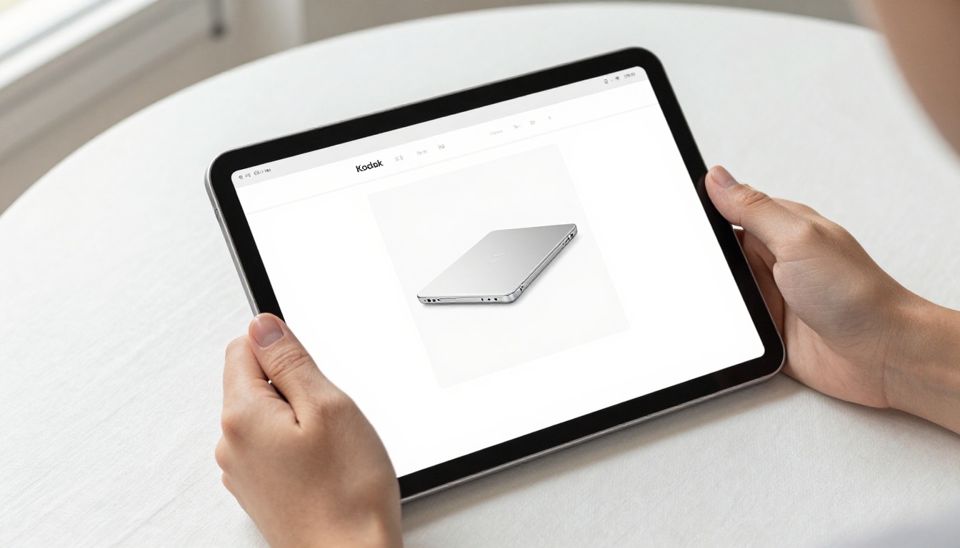 Hands holding iPad displaying clean digital catalog layout Hands holding iPad displaying clean digital catalog layout