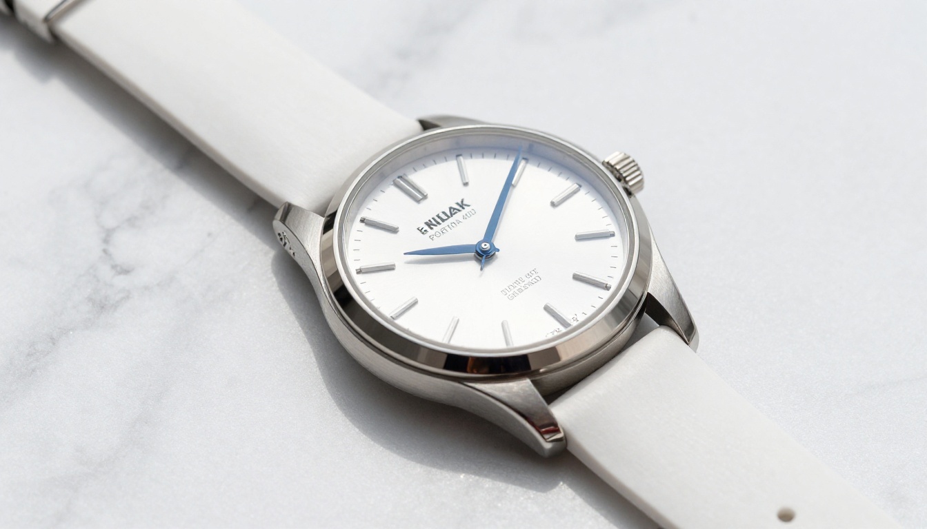 Luxury watch on white Carrara marble overhead shot with wide negative space