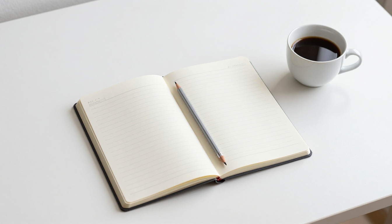 Minimal graphic design workspace with notebook and white surface