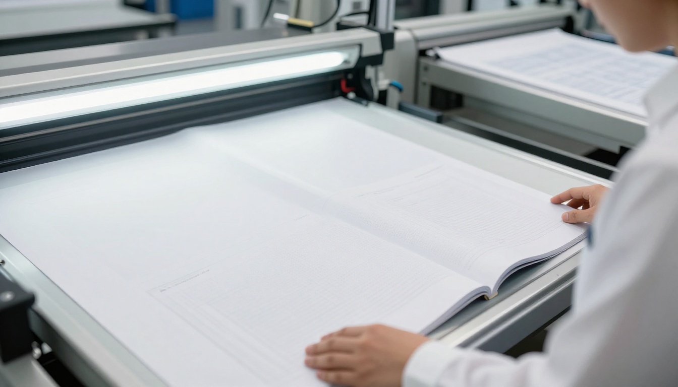 Graphic designer reviewing large format product catalog on light table
