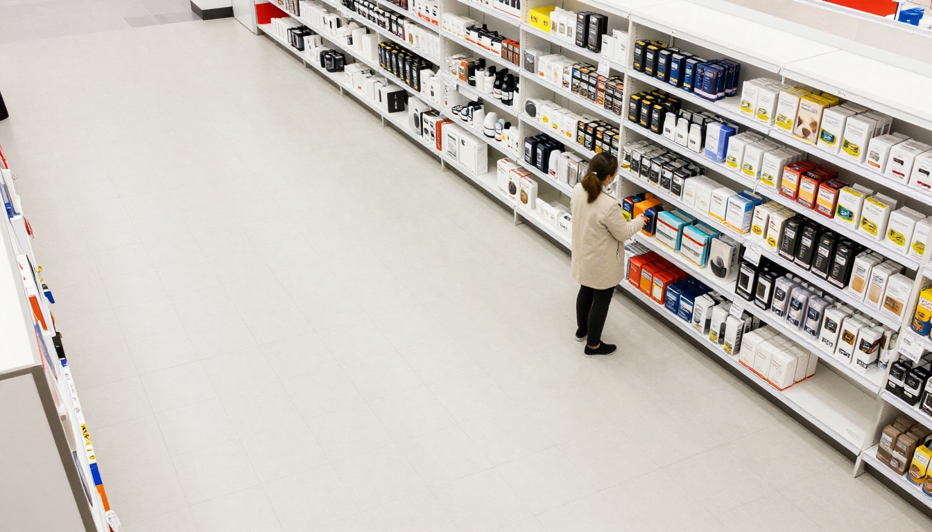 Aerial view of minimal luxury retail floor with single shopper