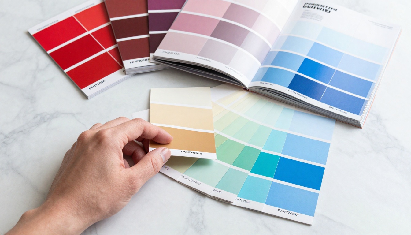 Pantone color swatches fanned open with magazine cover mockups on marble surface Pantone color swatches fanned open with magazine cover mockups on marble surface