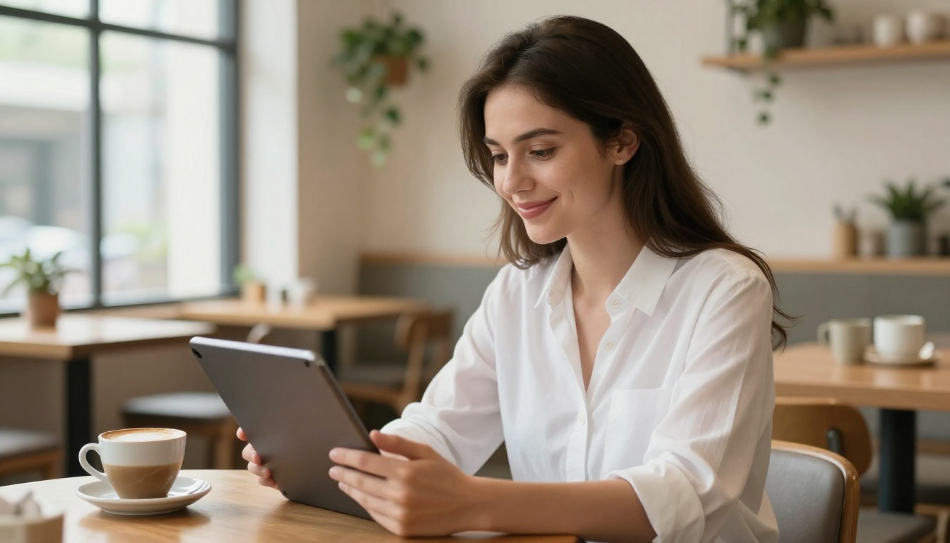 Young professional woman browsing digital flipbook on tablet in a bright Scandinavian cafe Young professional woman browsing digital flipbook on tablet in a bright Scandinavian cafe