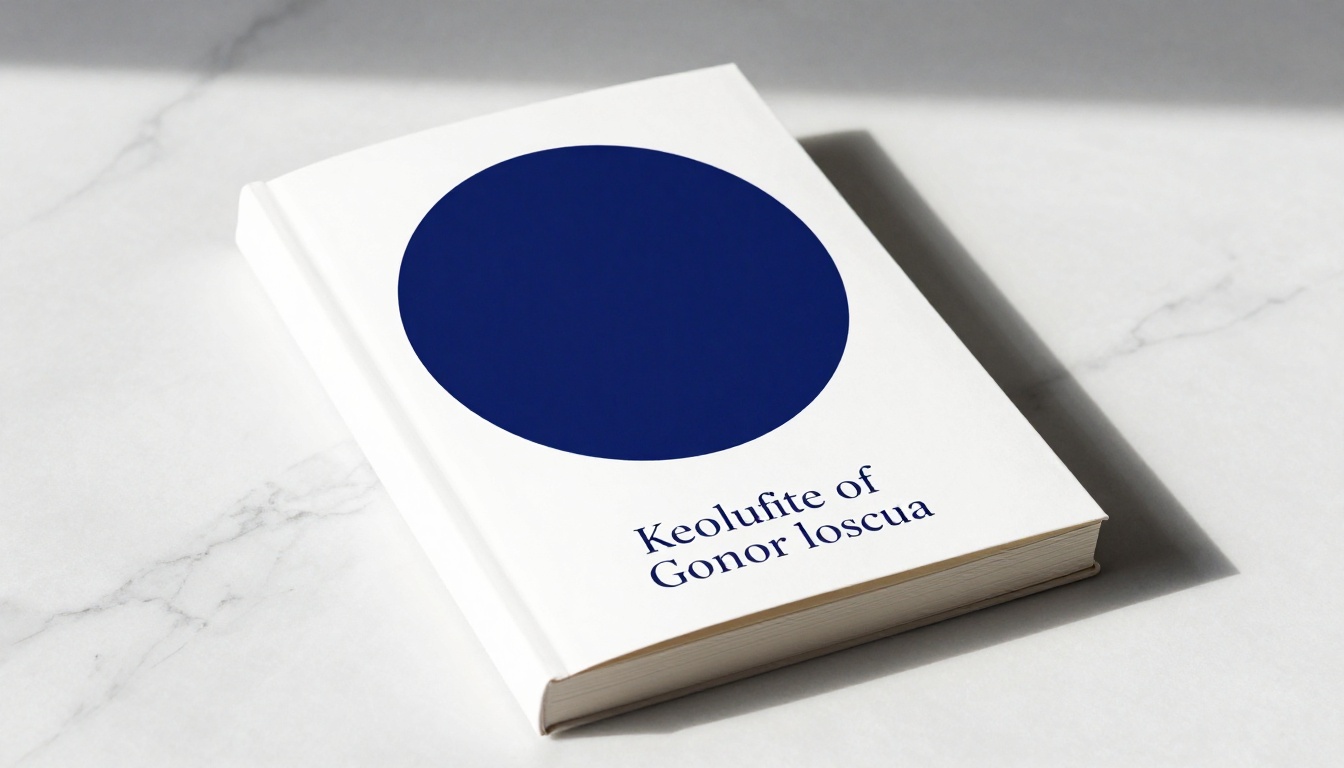 Minimalist book cover with navy geometric circle on white marble with dramatic side lighting