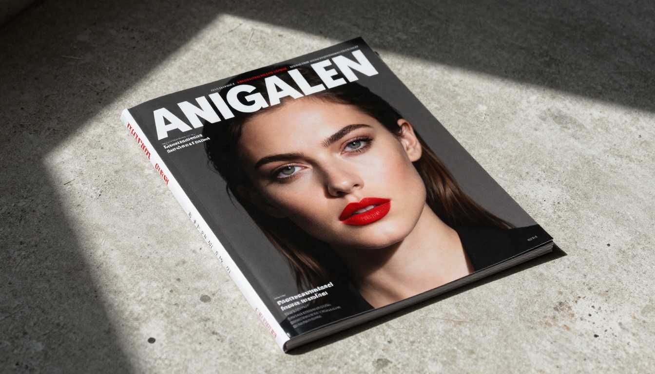 Printed fashion magazine on weathered concrete with striking portrait and direct eye contact Printed fashion magazine on weathered concrete with striking portrait and direct eye contact