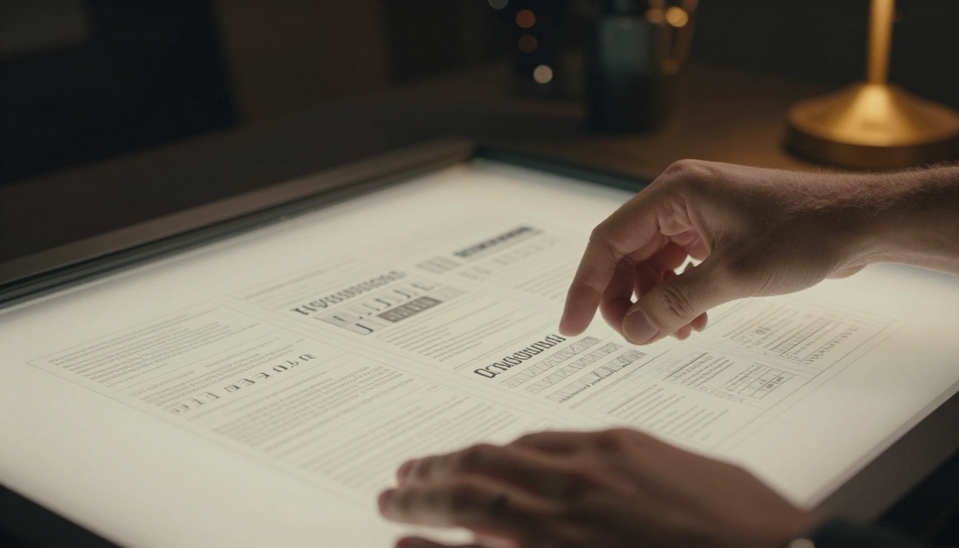 Designer's hands arranging page layout elements on a lightbox with warm tungsten lighting Designer's hands arranging page layout elements on a lightbox with warm tungsten lighting