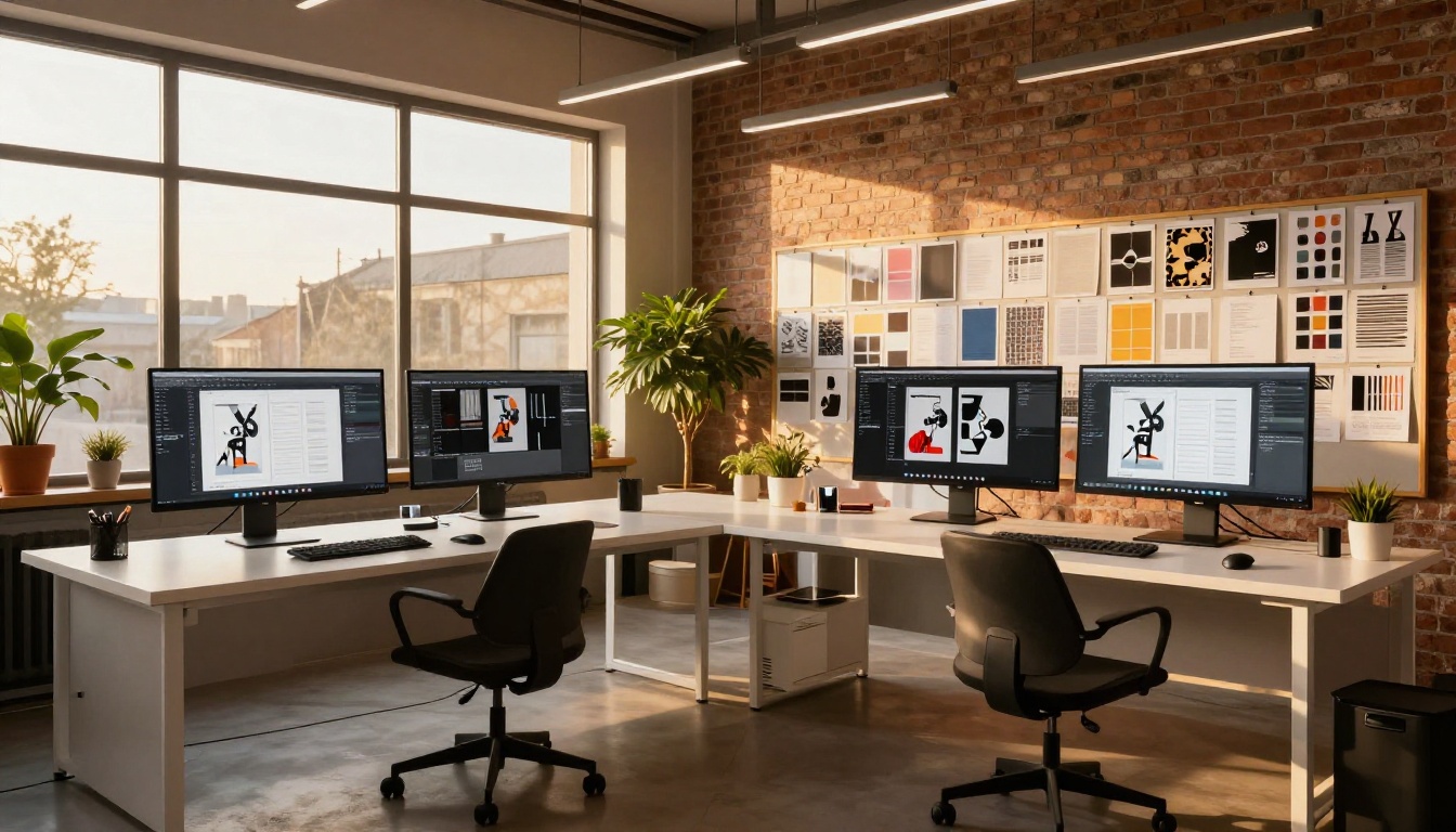 Professional design studio with dual monitors and magazine inspiration pinboards on walls