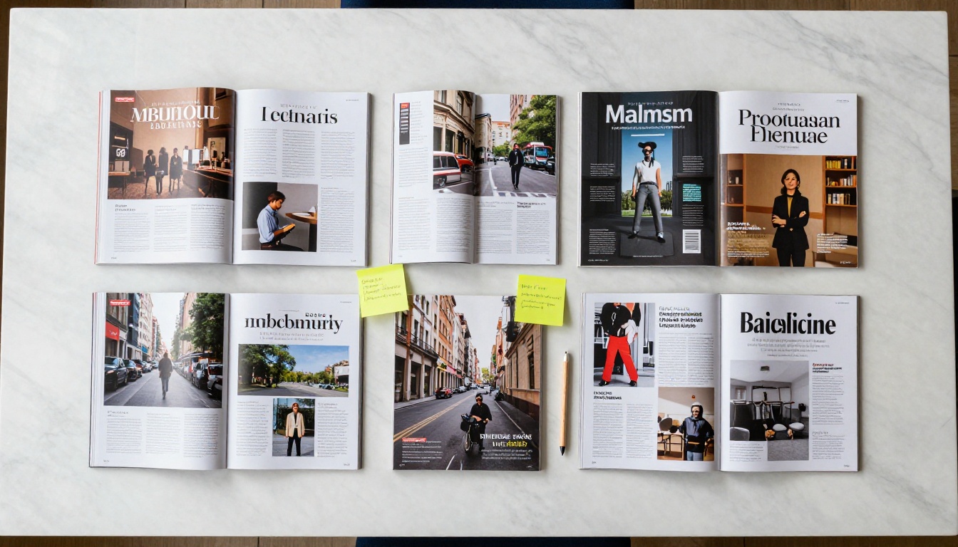 Aerial flat-lay of multiple editorial magazine spreads arranged on a white marble table Aerial flat-lay of multiple editorial magazine spreads arranged on a white marble table
