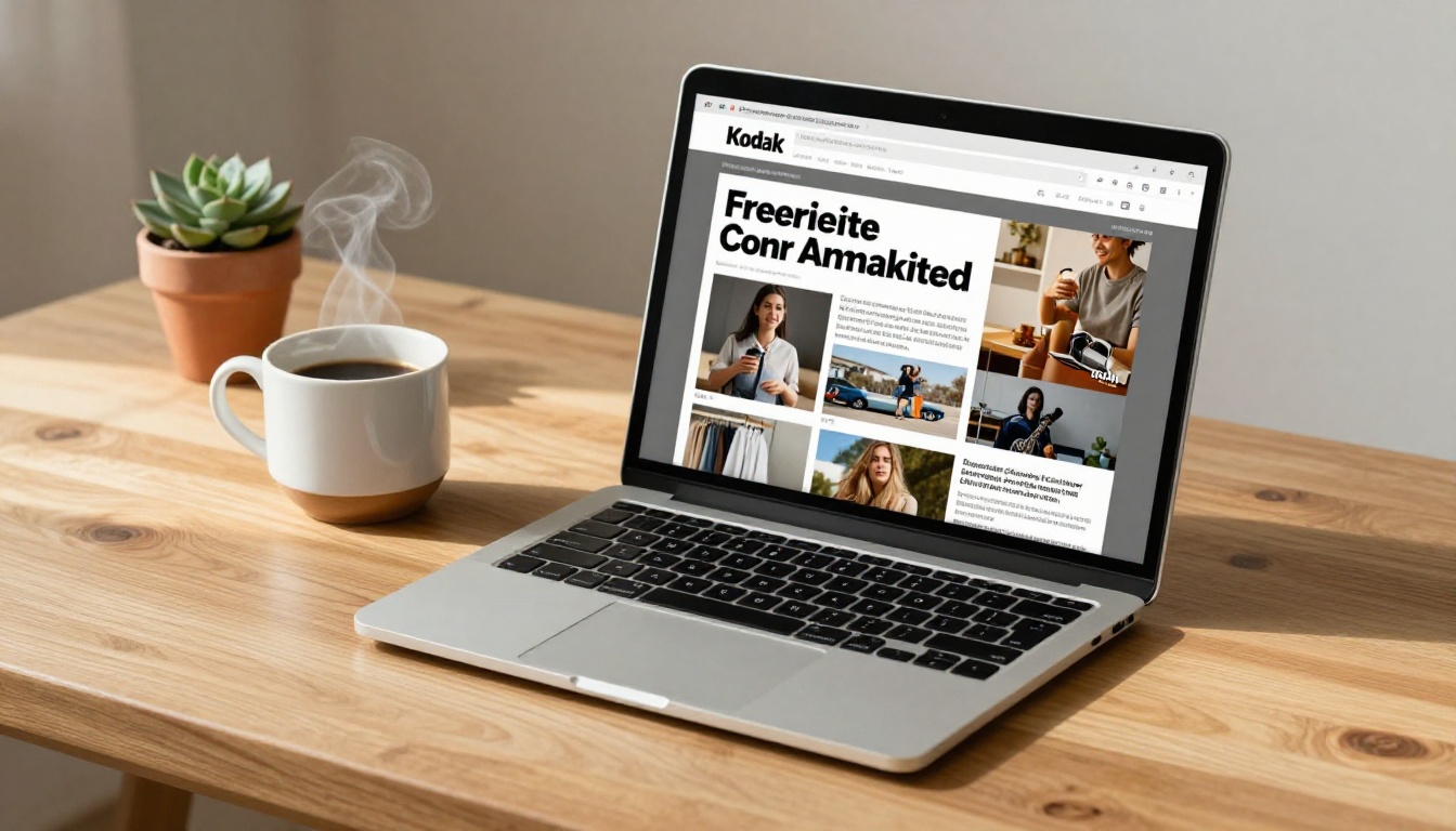 Laptop on oak table with digital magazine cover on screen, coffee cup and succulent nearby