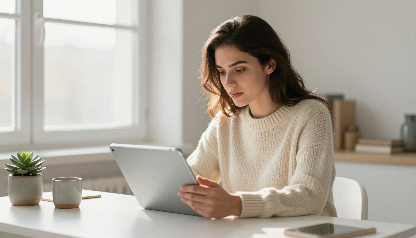 Young professional woman reading a digital flipbook on a tablet with soft morning window light Young professional woman reading a digital flipbook on a tablet with soft morning window light