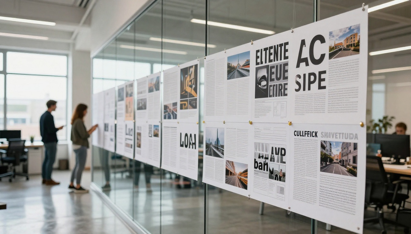 Creative director pinning large layout sheets to a glass wall in a modern agency office Creative director pinning large layout sheets to a glass wall in a modern agency office