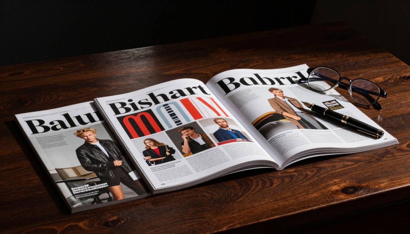 Three consecutive magazine pages laid flat on a dark walnut desk with dramatic Rembrandt lighting