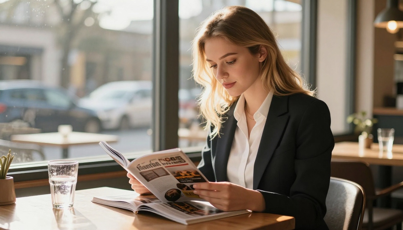 Woman sitting in a sunlit cafe reading a magazine with golden afternoon window light creating rim lighting