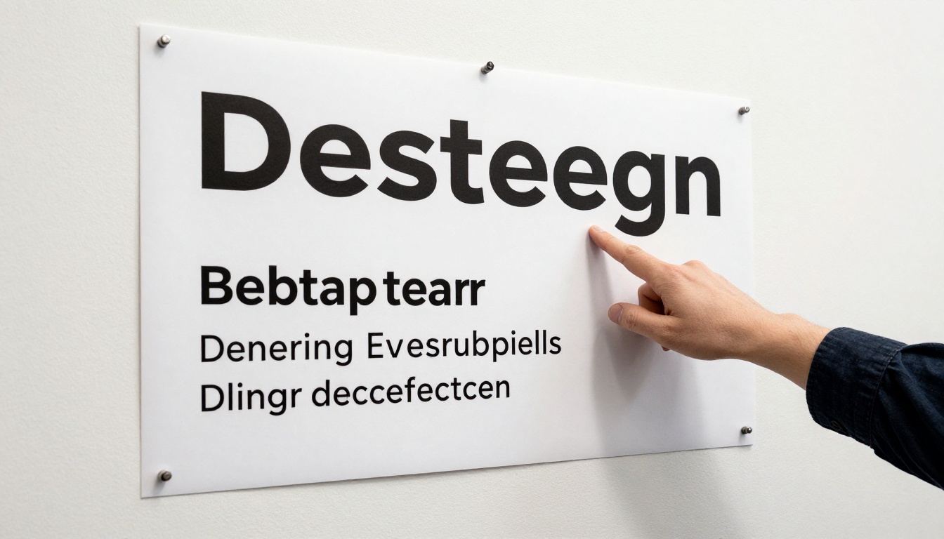 Designer's hand pointing to typographic hierarchy on a large printed page layout pinned to a white wall