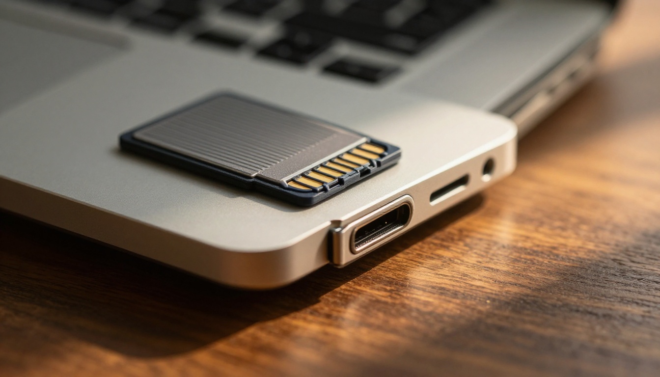 SD memory card inserted into laptop port, macro close-up with warm golden hour light and fine surface texture detail SD memory card inserted into laptop port, macro close-up with warm golden hour light and fine surface texture detail