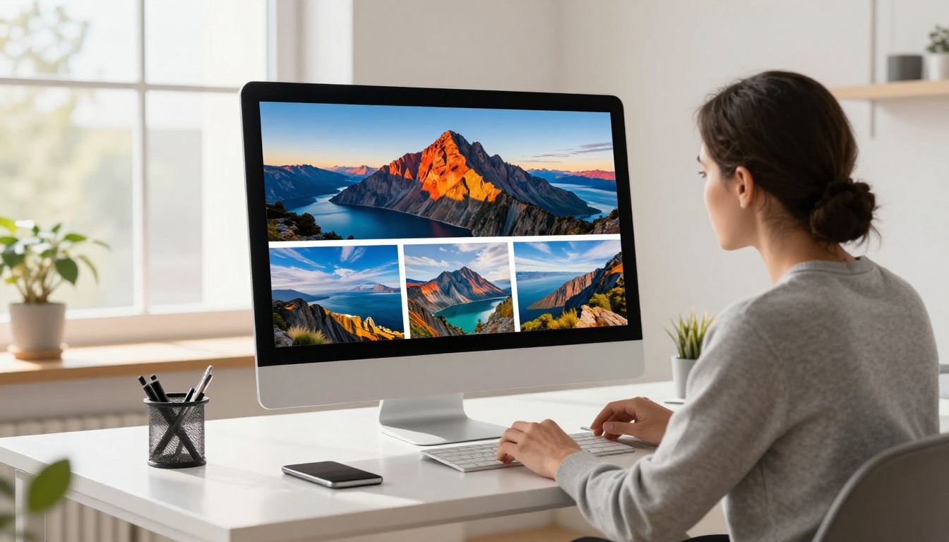 Creative director in grey sweater reviewing vibrant landscape photos in grid on large iMac in sunlit loft office Creative director in grey sweater reviewing vibrant landscape photos in grid on large iMac in sunlit loft office