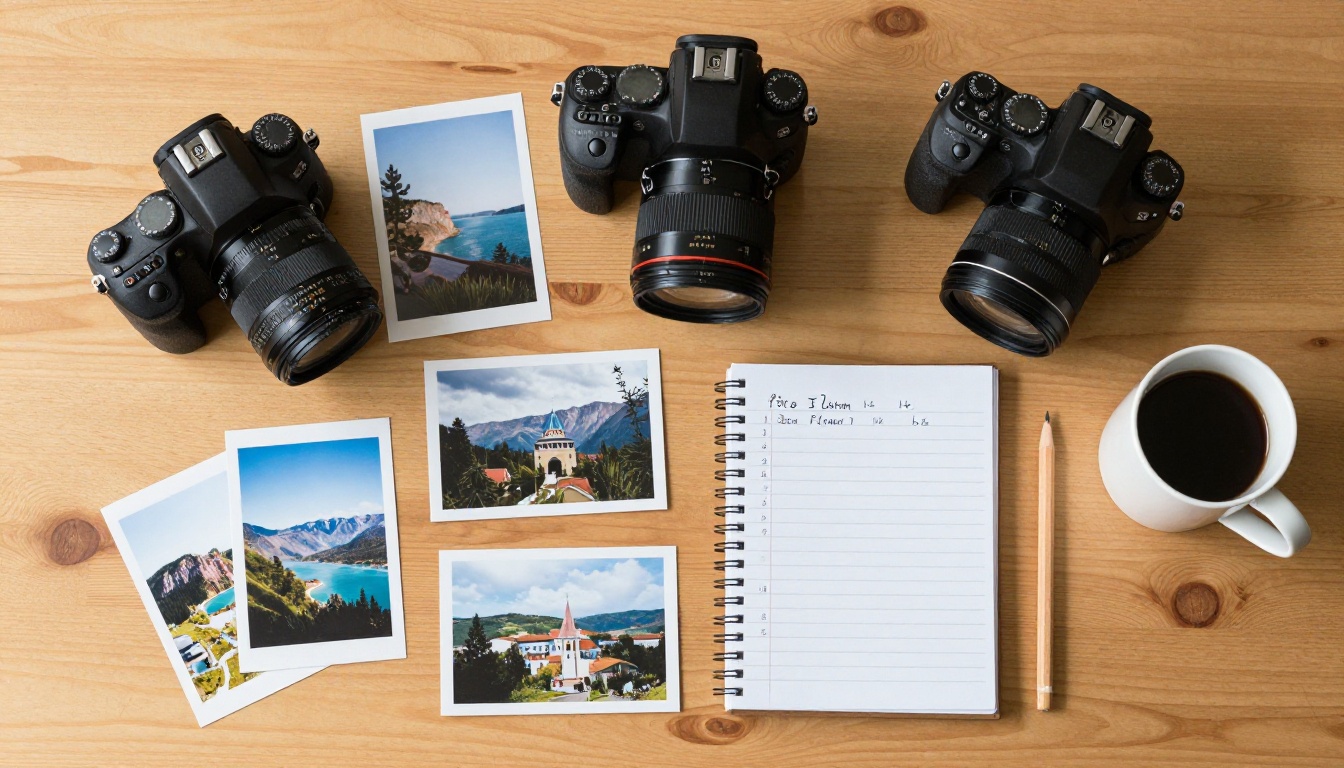 Overhead flat lay of printed landscape and portrait photos, DSLR camera body, and open notebook on warm light oak table Overhead flat lay of printed landscape and portrait photos, DSLR camera body, and open notebook on warm light oak table