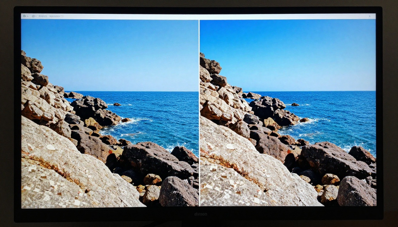 Split screen computer monitor showing before and after photo compression comparison, coastal landscape, dark ambient room Split screen computer monitor showing before and after photo compression comparison, coastal landscape, dark ambient room