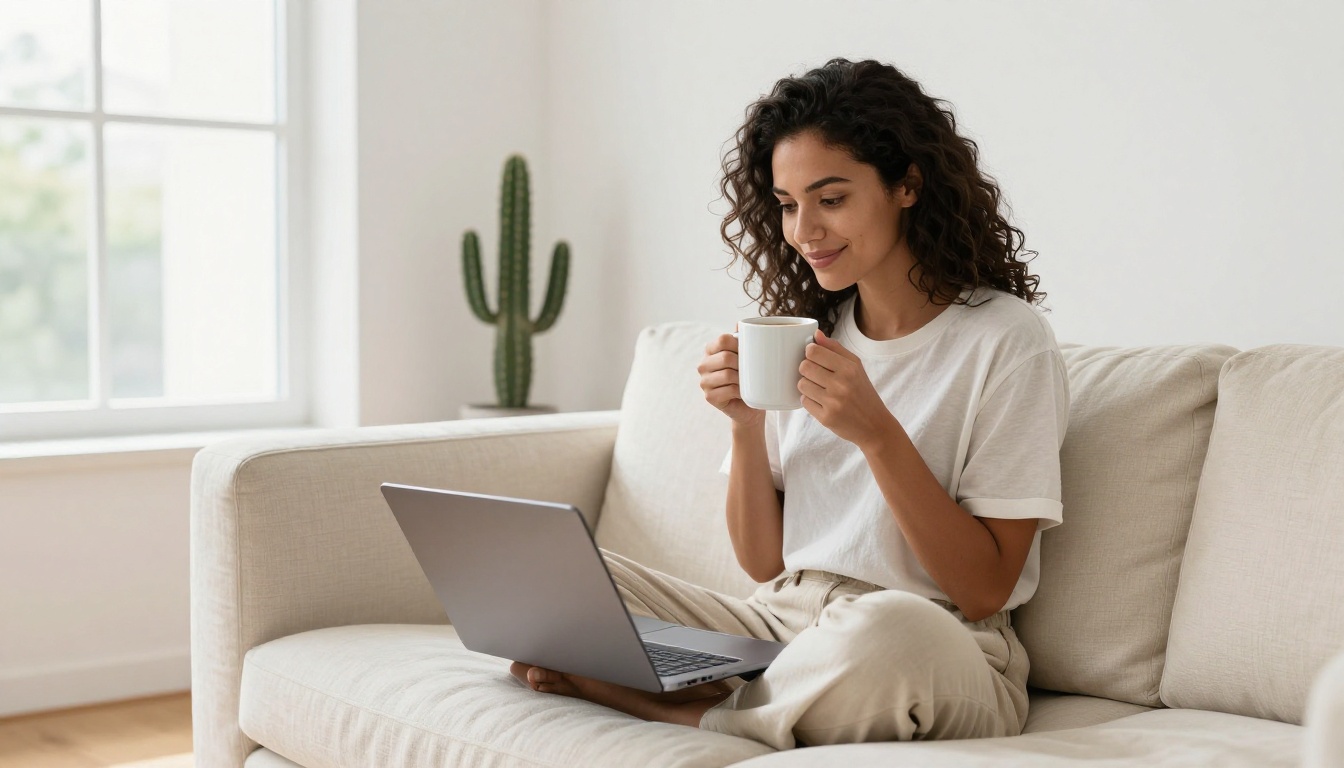 Stylish woman with dark curly hair reviewing photo portfolio on silver laptop while sitting cross-legged on cream sofa in Scandinavian living room