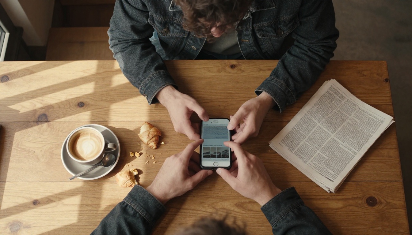 Overhead view of a person pinch-zooming at a café