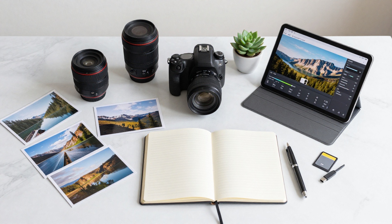 Aerial top-down flat lay of photographer's workspace with DSLR camera, lenses, printed photos, and tablet showing compression software on white marble