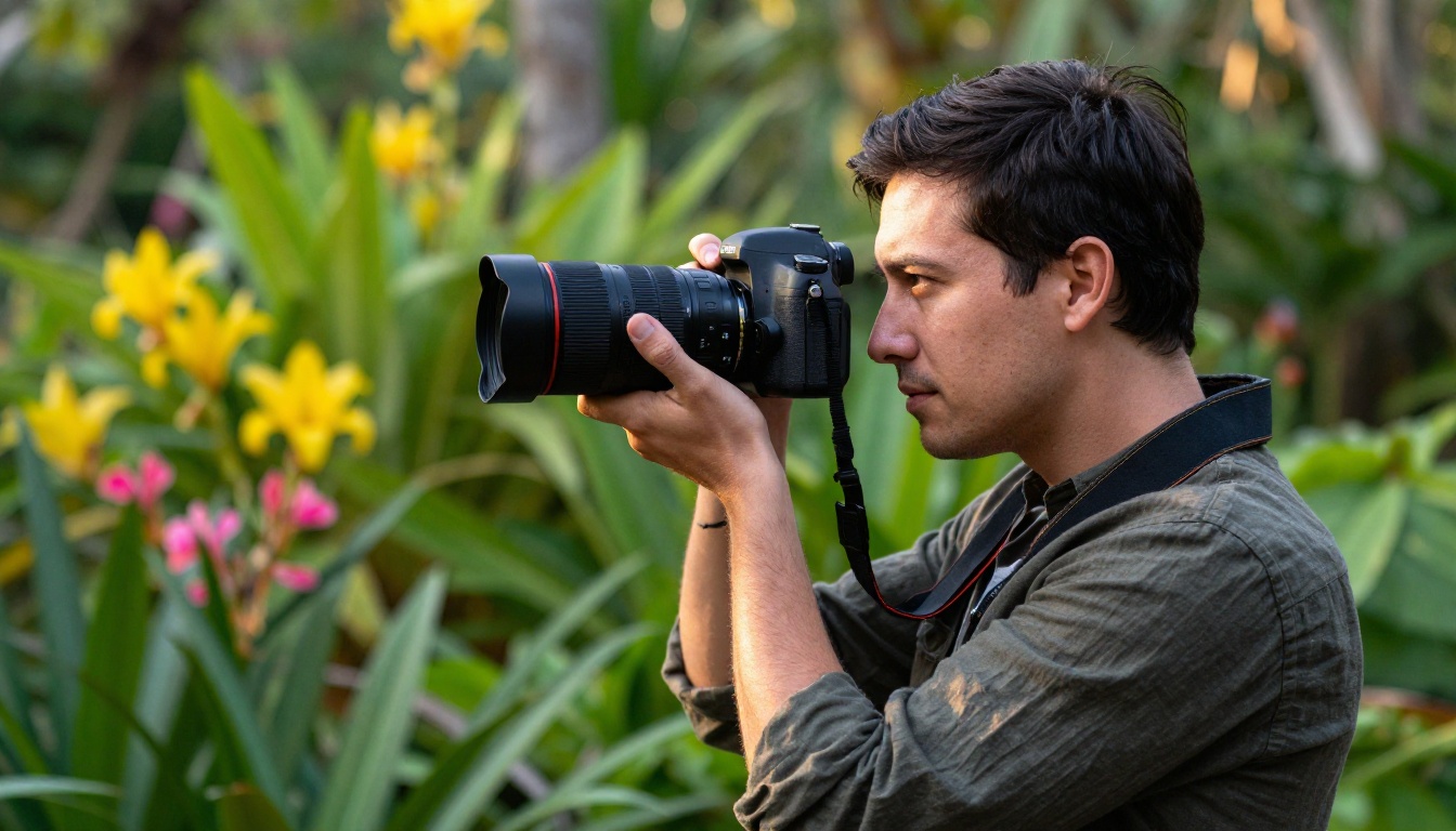 Focused man in olive linen shirt holding DSLR camera in lush botanical garden, vibrant green bokeh background, low angle warm morning light