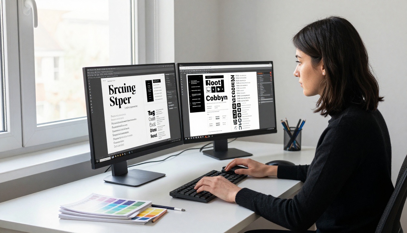 A web designer working on typography layouts at a minimalist desk