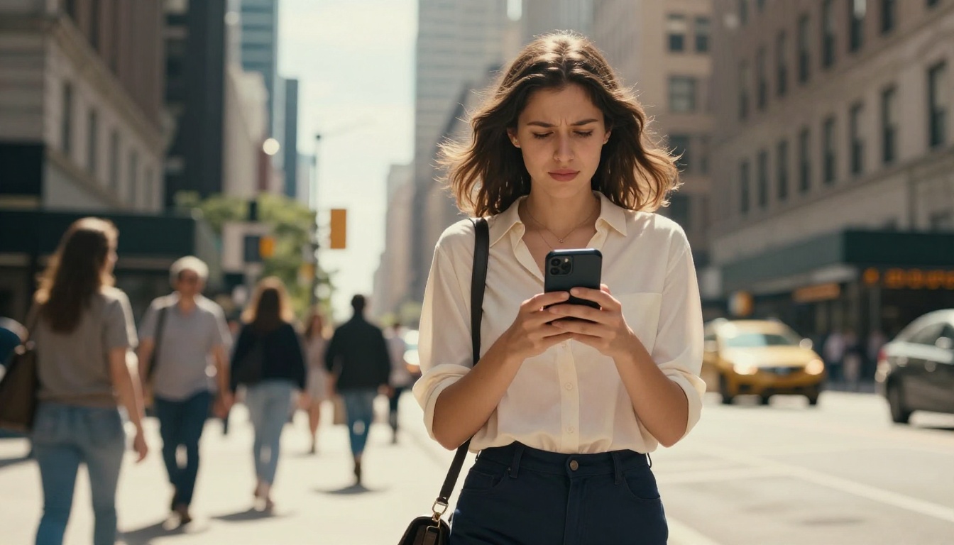 Woman walking on an urban street trying to read her smartphone screen