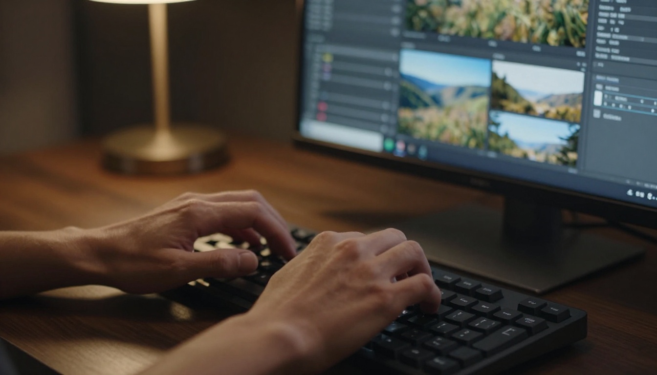 Close-up of hands on slim black mechanical keyboard, photo compression software with quality sliders visible on blurred monitor in background, warm amber desk lamp light